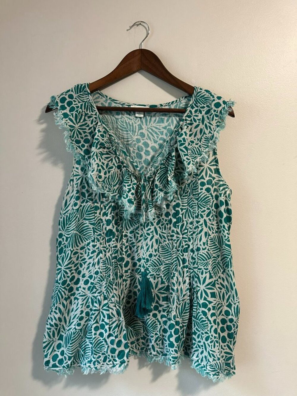 Sundance Size Small Teal Floral Cotton Boho Ruffle Tassel Blouse